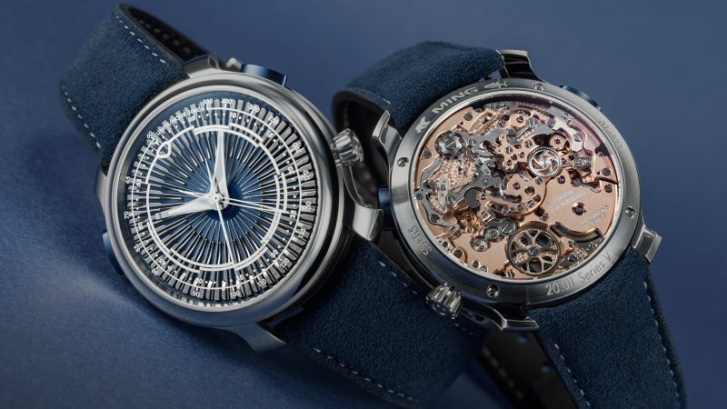 The MING 20.01 Series 5 features a laser-milled blue titanium radial dial, central chronograph hands, a polished steel and DLC titanium case, and a dark blue strap.