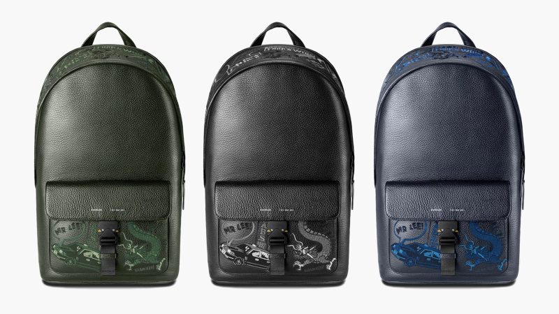 MR LEE x GRAMS28 stealth black leather backpack with tone-on-tone Hong Kong–London embroidered design.
