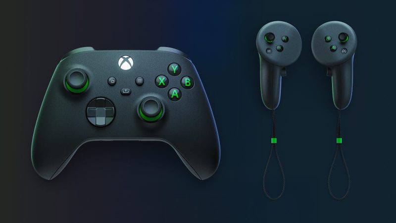 The Limited‑edition Meta Quest 3S Xbox Edition headset in Carbon Black and Velocity Green, with matching Touch Plus and Xbox Wireless Controllers, Elite Strap.
