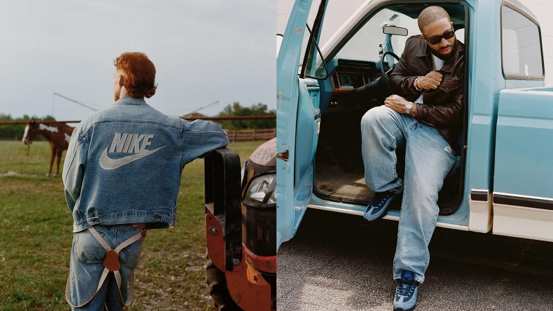Levi’s x Nike Air Max 95 sneakers in denim with frayed edges, co-branded red accents, and matching relaxed jeans and denim jacket from the collection.