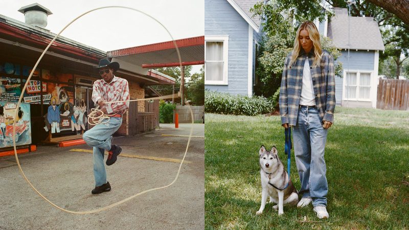 Levi’s x Nike Air Max 95 sneakers in denim with frayed edges, co-branded red accents, and matching relaxed jeans and denim jacket from the collection.
