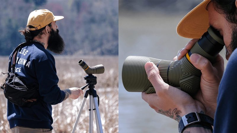 NOCS Lite View Spotting Scope in yellow with rugged wave grip, compact 9x–27x zoom, and wide distortion-free field of view, ideal for outdoor use.