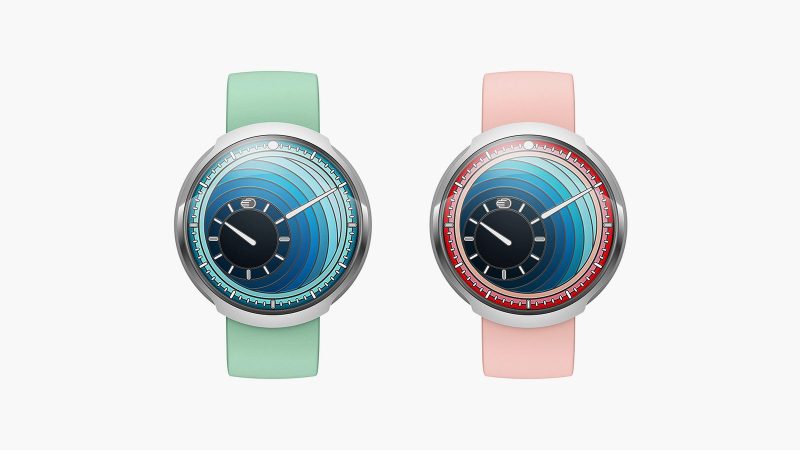 Ressence Type 8 DE1 & DE2 Art Watches — pebble-shaped grade 5 titanium cases with sculptural gradient “Inside Out” dials in pink (DE1) and turquoise (DE2) rubber straps.