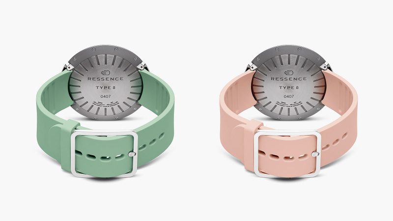 Ressence Type 8 DE1 & DE2 Art Watches — pebble-shaped grade 5 titanium cases with sculptural gradient “Inside Out” dials in pink (DE1) and turquoise (DE2) rubber straps.
