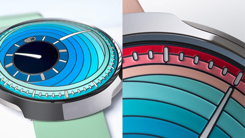 Ressence Type 8 DE1 & DE2 Art Watches — pebble-shaped grade 5 titanium cases with sculptural gradient “Inside Out” dials in pink (DE1) and turquoise (DE2) rubber straps.