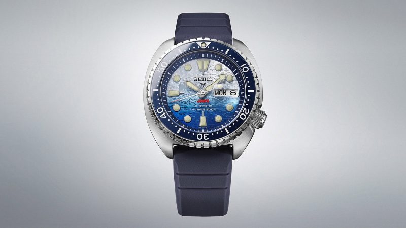 Seiko JAWS 50th Anniversary Limited Edition Prospex Turtle SRPL81K dive watch with silver-to-blue gradient shark dial, ceramic bezel, and a 45mm case to celebrate the iconic 1975 thriller film.