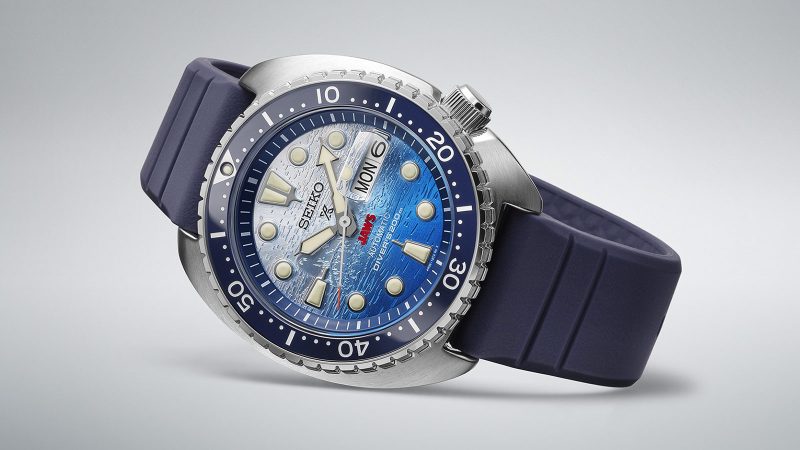 Seiko JAWS 50th Anniversary Limited Edition Prospex Turtle SRPL81K dive watch with silver-to-blue gradient shark dial, ceramic bezel, and a 45mm case to celebrate the iconic 1975 thriller film.