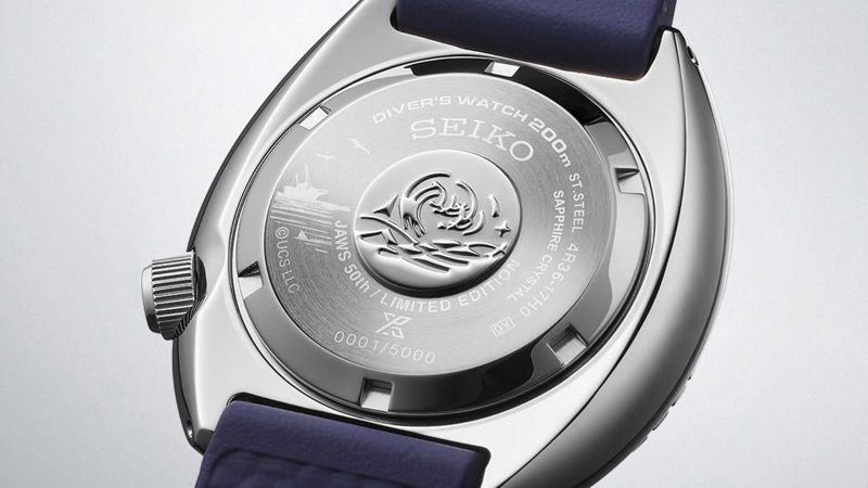 Seiko JAWS 50th Anniversary Limited Edition Prospex Turtle SRPL81K dive watch with silver-to-blue gradient shark dial, ceramic bezel, and a 45mm case to celebrate the iconic 1975 thriller film.