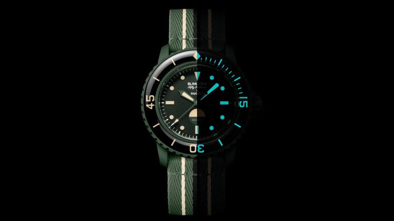 The Swatch x Blancpain Green Abyss is a $400 mechanical dive watch.