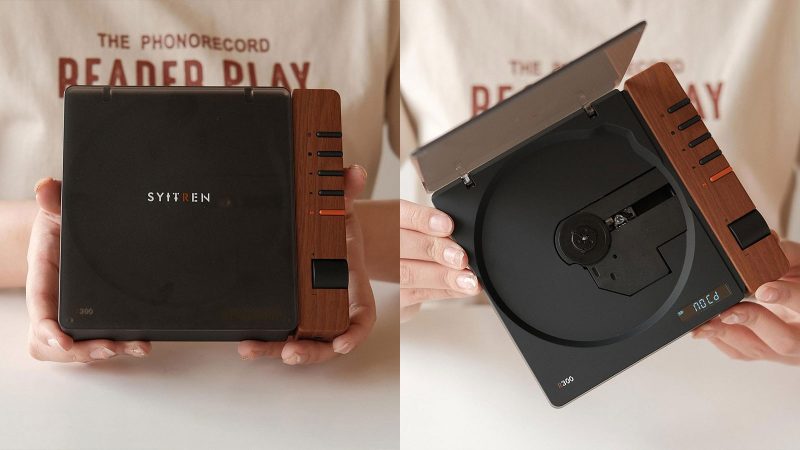 The Syitren R300 CD Player boasts a matte black design with a wood-paneled control zone, a transparent disc lid, a tactile volume knob, Bluetooth, AUX, optical output, and a USB-C power port.