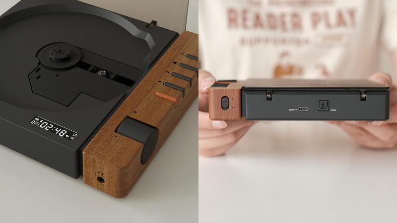 The Syitren R300 CD Player boasts a matte black design with a wood-paneled control zone, a transparent disc lid, a tactile volume knob, Bluetooth, AUX, optical output, and a USB-C power port.