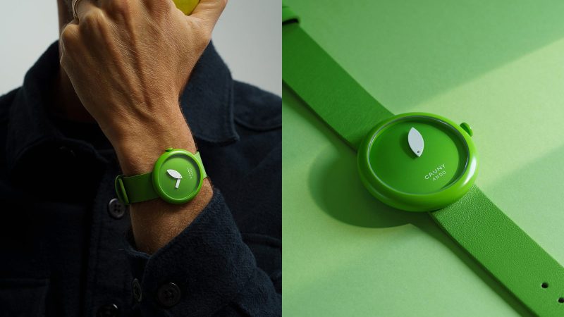 The Cauny x Tadao Ando watch collection is offered in steel and vibrant apple green styles.