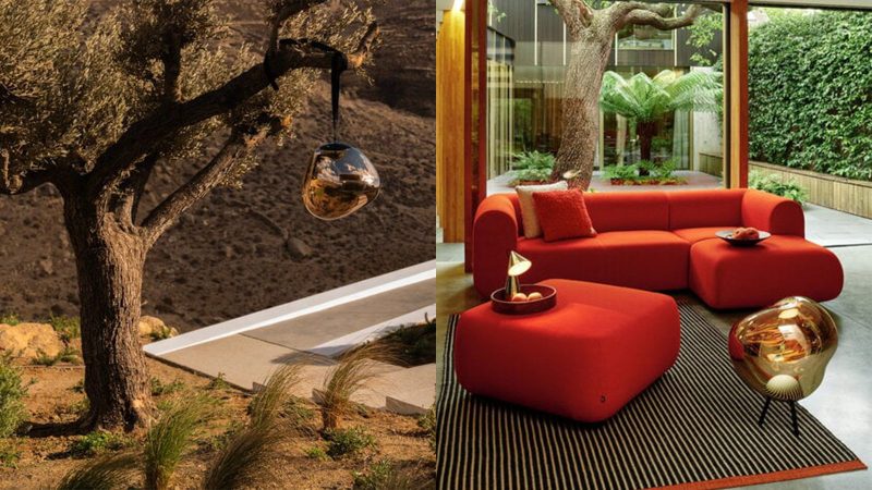 Tom Dixon's Melt Portable Lamp features a reflective mirror-finish shade, and a tripod base.