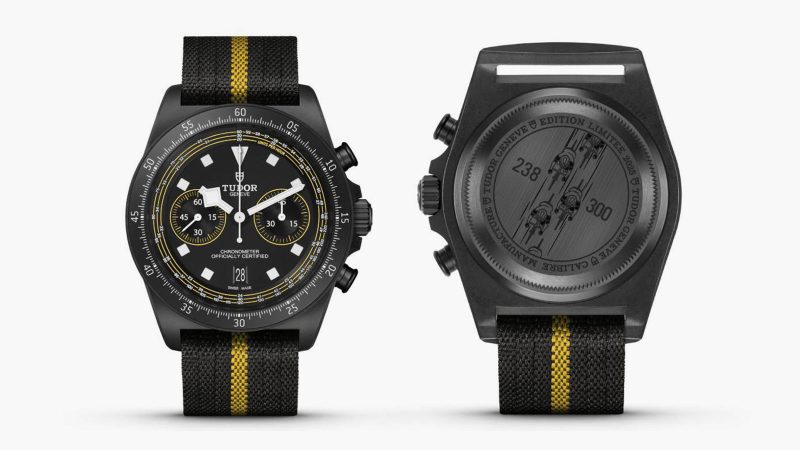 Tudor Pelagos FXD Chrono “Yellow” cycling watch with 43mm carbon case, yellow-striped strap, and COSC-certified chronograph movement honoring Fabian Cancellara.