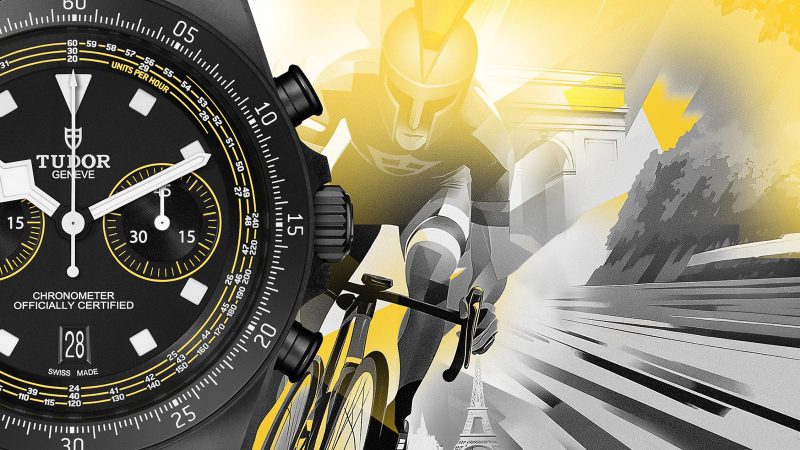 Tudor Pelagos FXD Chrono “Yellow” cycling watch with 43mm carbon case, yellow-striped strap, and COSC-certified chronograph movement honoring Fabian Cancellara.