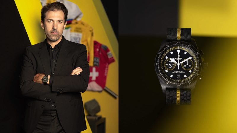 Tudor Pelagos FXD Chrono “Yellow” cycling watch with 43mm carbon case, yellow-striped strap, and COSC-certified chronograph movement honoring Fabian Cancellara.