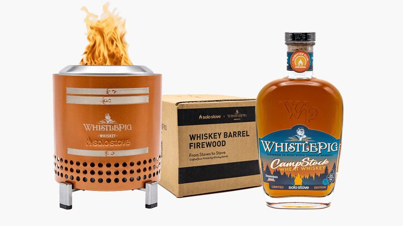WhistlePig's CampStock Campfire Kit features wheat whiskey, a custom Solo Stove, and whiskey barrel firewood.