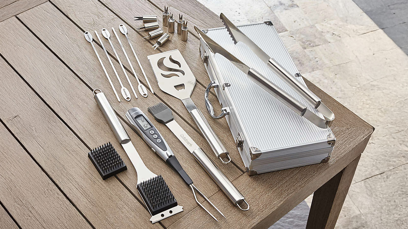 Cuisinart 20-piece stainless steel BBQ tool set in aluminum case—one of the best grilling tools for mastering backyard cookouts.