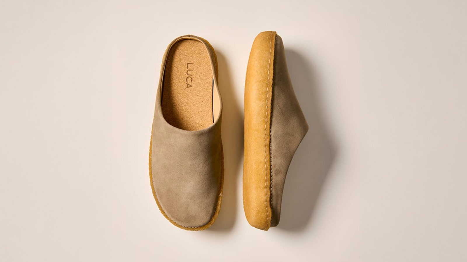 Top-down view of the Luca Drift Outdoor Mule, one of the best slip-on shoes for men featuring a cork footbed and suede upper.