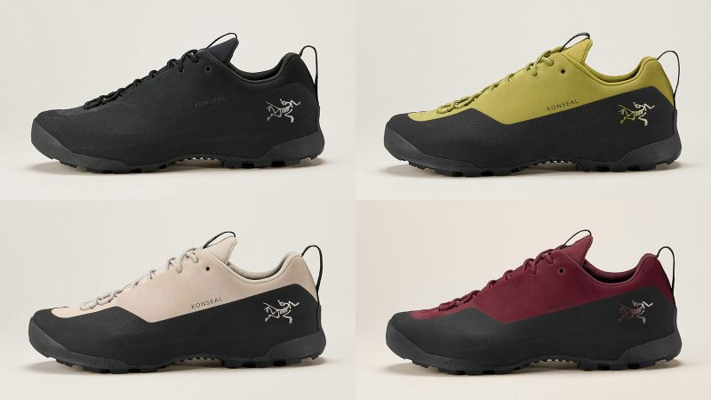 The Arc'teryx Konseal hybrid approach shoe with Vibram XS Flash 2 outsole, carbon fiber midsole, and durable Nubuck leather upper for alpine terrain.