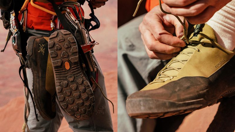 The Arc'teryx Konseal hybrid approach shoe with Vibram XS Flash 2 outsole, carbon fiber midsole, and durable Nubuck leather upper for alpine terrain.