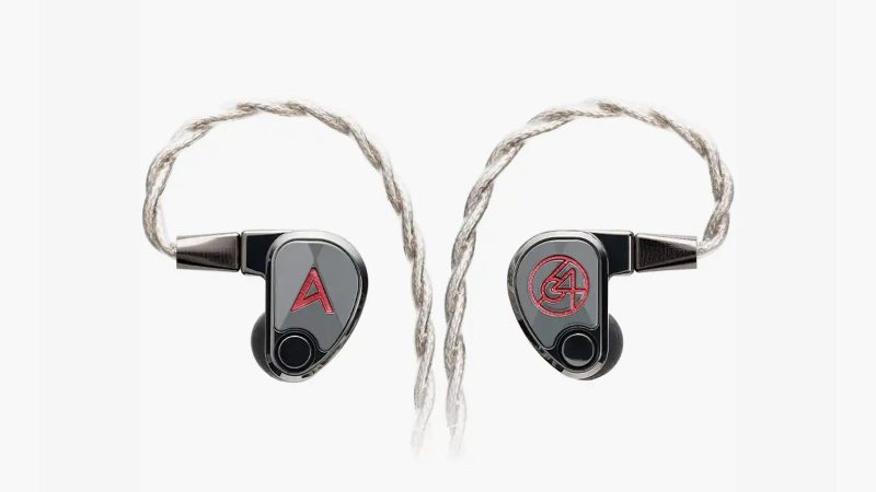 Astell&Kern × 64 Audio XIO ten‑driver in-ear monitors in black DLC stainless steel with premium braided cable, shown angled to highlight metal finish.