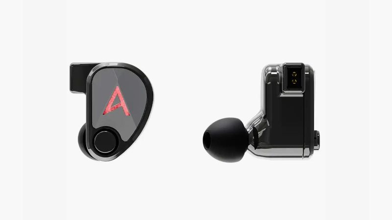 Astell&Kern × 64 Audio XIO ten‑driver in-ear monitors in black DLC stainless steel with premium braided cable, shown angled to highlight metal finish.