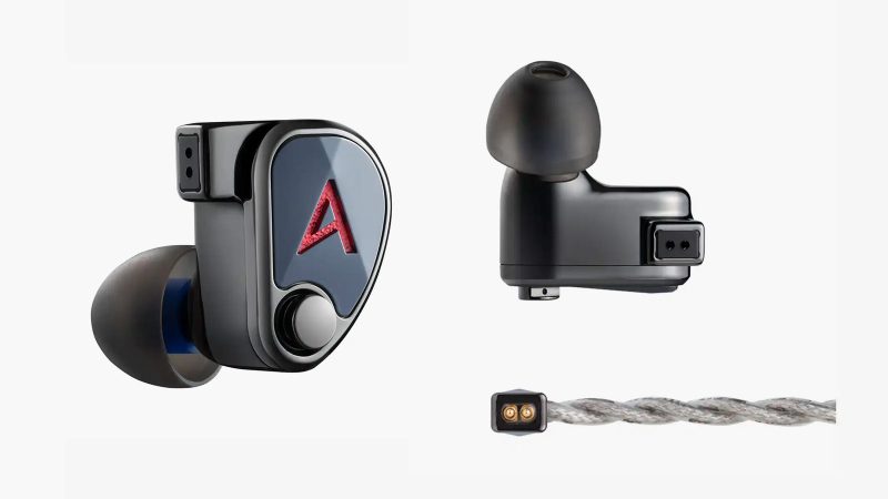 Astell&Kern × 64 Audio XIO ten‑driver in-ear monitors in black DLC stainless steel with premium braided cable, shown angled to highlight metal finish.