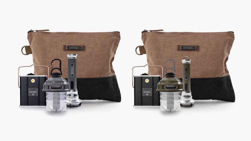 Barebones Power & Light Camp Kit including 10000 mAh power bank, rechargeable hanging lantern, vintage-style LED flashlight, and waxed canvas pouch.