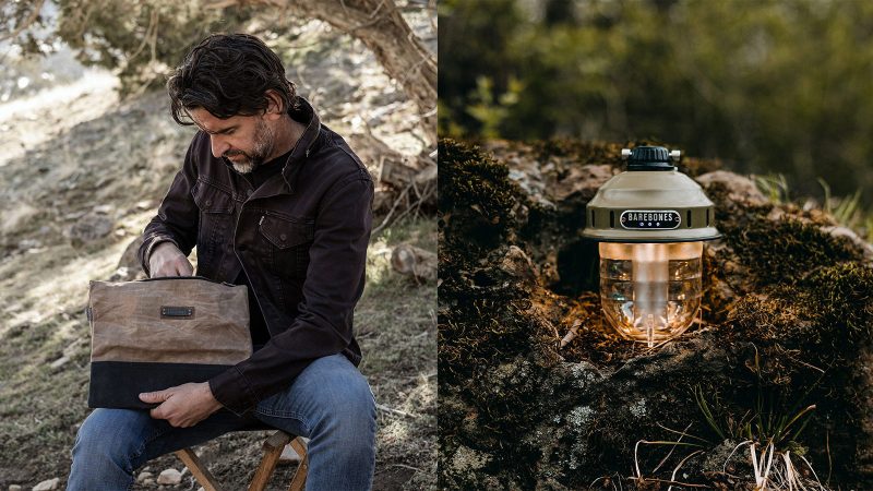 Barebones Power & Light Camp Kit including 10000 mAh power bank, rechargeable hanging lantern, vintage-style LED flashlight, and waxed canvas pouch.