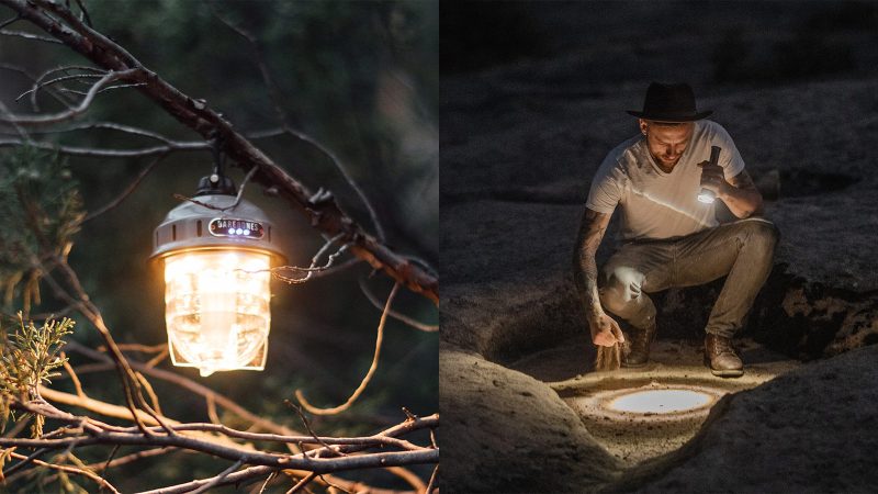 Barebones Power & Light Camp Kit including 10000 mAh power bank, rechargeable hanging lantern, vintage-style LED flashlight, and waxed canvas pouch.