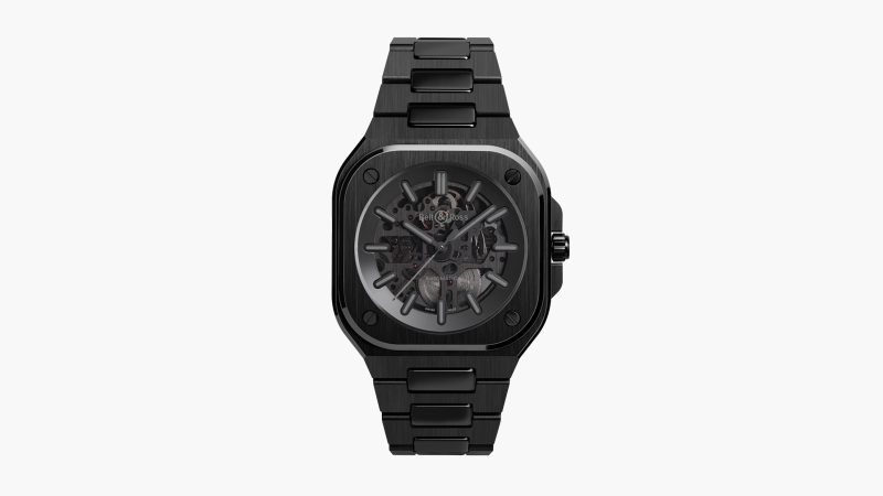 The Bell & Ross BR-05 Skeleton Phantom Ceramic watch features a 41mm black ceramic case, skeletonized dial, automatic movement, and Super-LumiNova hands.