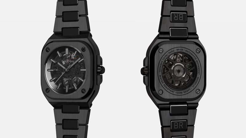The Bell & Ross BR-05 Skeleton Phantom Ceramic watch features a 41mm black ceramic case, skeletonized dial, automatic movement, and Super-LumiNova hands.