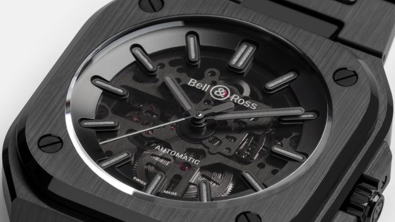 The Bell & Ross BR-05 Skeleton Phantom Ceramic watch features a 41mm black ceramic case, skeletonized dial, automatic movement, and Super-LumiNova hands.