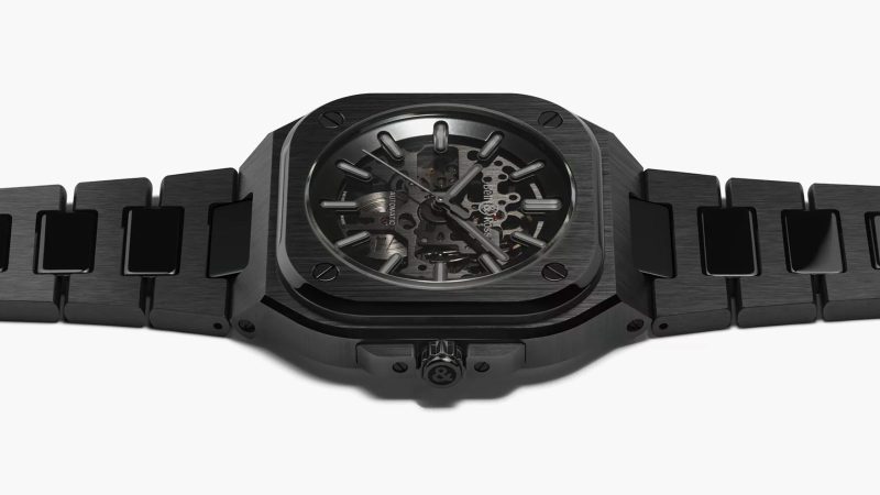 The Bell & Ross BR-05 Skeleton Phantom Ceramic watch features a 41mm black ceramic case, skeletonized dial, automatic movement, and Super-LumiNova hands.