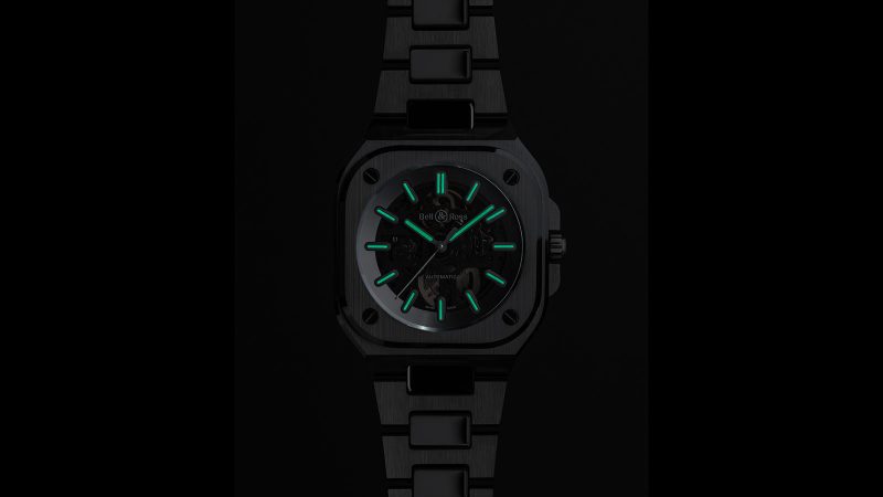 The Bell & Ross BR-05 Skeleton Phantom Ceramic watch features a 41mm black ceramic case, skeletonized dial, automatic movement, and Super-LumiNova hands.