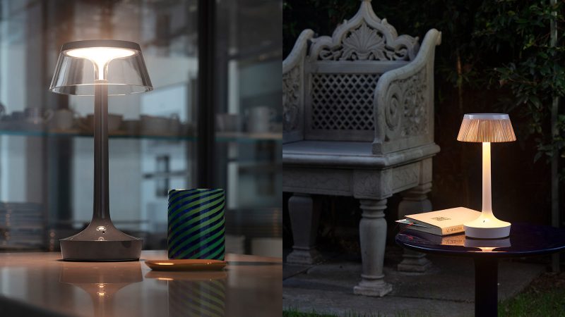 Bon Jour Unplugged wireless table lamp by Philippe Starck features LED lighting, sleek modern design, and customizable crown finishes.