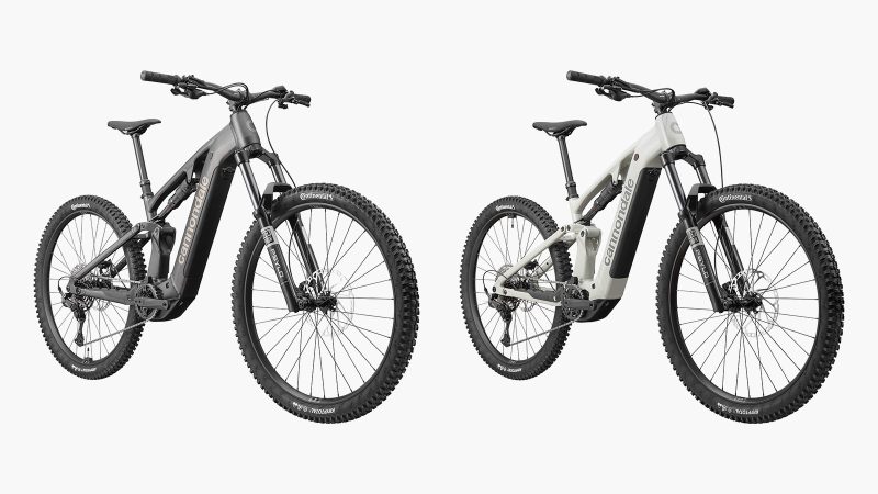 Cannondale Moterra 3 electric mountain bike with Bosch CX motor, 800Wh battery, and RockShox suspension on rugged forest trail.
