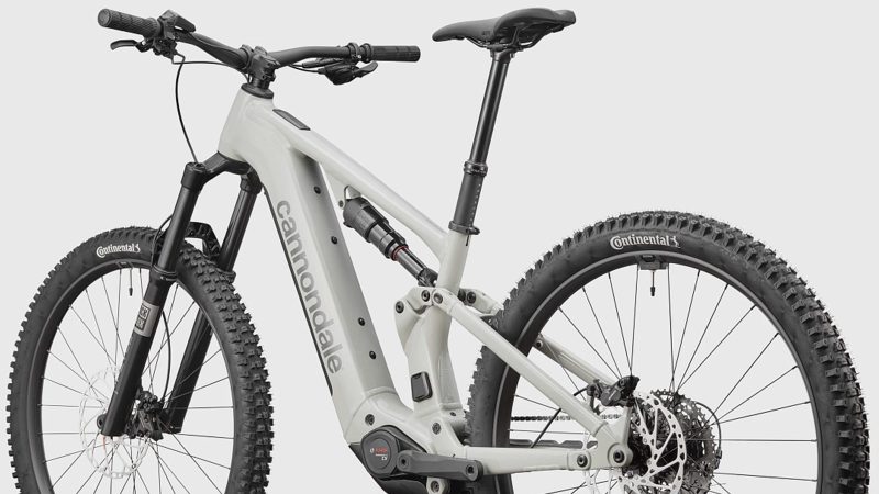 Cannondale Moterra 3 electric mountain bike with Bosch CX motor, 800Wh battery, and RockShox suspension on rugged forest trail.