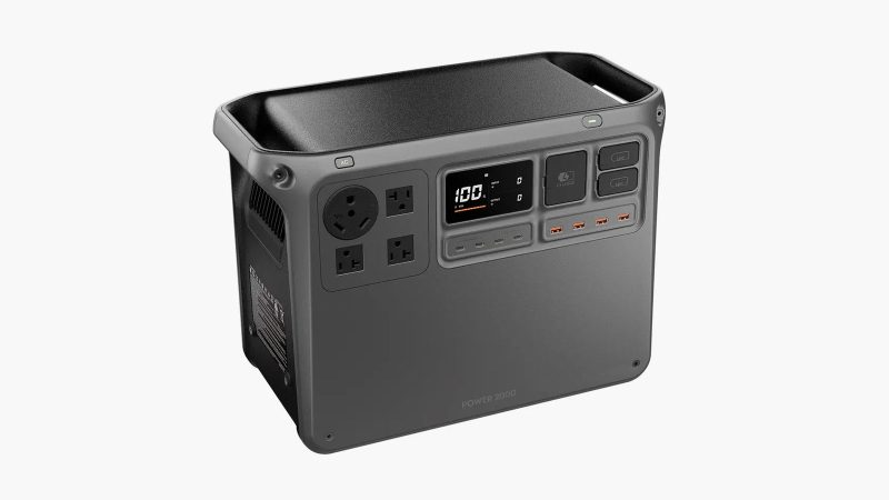 DJI Power 2000 modular portable power station featuring a 2048Wh LFP battery, drone charging ports, solar input, RV outlet, and a rugged all-terrain design.