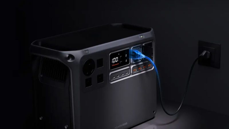 DJI Power 2000 modular portable power station featuring a 2048Wh LFP battery, drone charging ports, solar input, RV outlet, and a rugged all-terrain design.