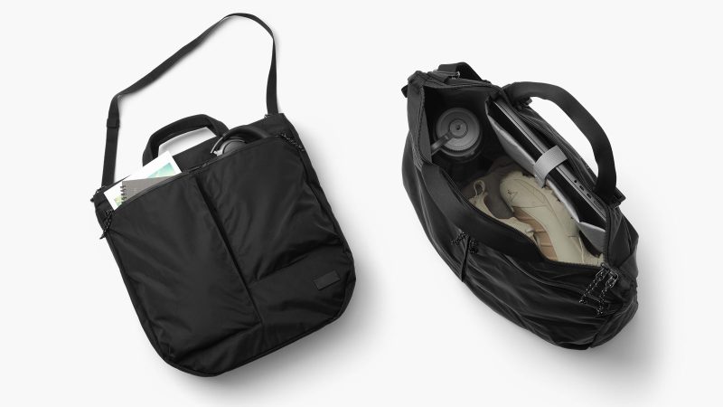 D_B_ Utility Tote 32L with recycled materials, front zip pockets, laptop sleeve, and adjustable strap for commuting, travel, and cycling use.