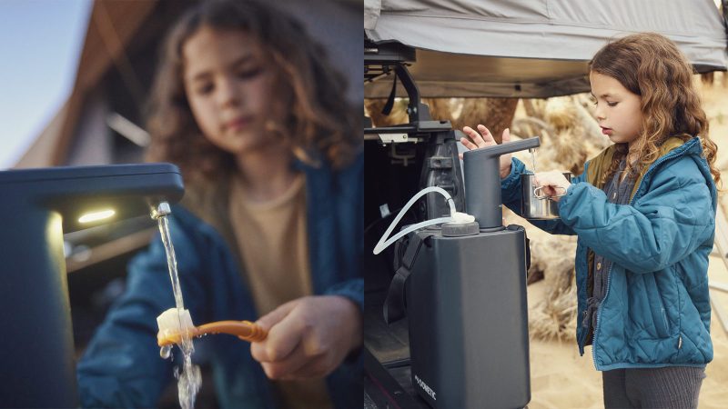 Dometic GO Hydration Faucet dispenses water, showcasing its sleek self‑powered tap for outdoor adventures.
