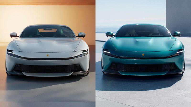 The Ferrari Amalfi—a sculpted 2+ coupé with 640 cv twin-turbo V8, active aerodynamics, triple-display cockpit, and Burmester audio system.