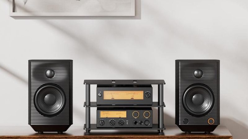 FiiO SP5 active desktop speakers with dual power supplies, multiple inputs, and high-end woofer and tweeter drivers for studio-grade sound.