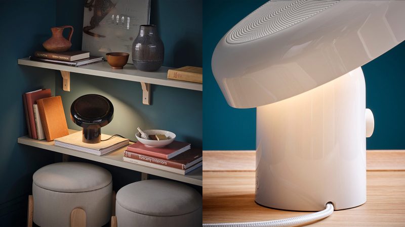 IKEA Blomprakt and Nattbadd Bluetooth speakers in black, pink, and yellow with Spotify Tap and Matter compatibility, stylish retro design, and smart home integration.