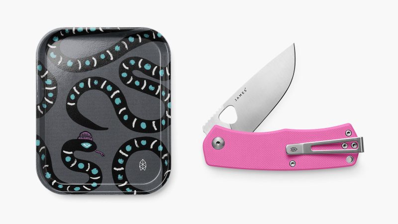 The James Brand × Mark Oblow Artist Series utility knife, EDC notebook sleeve, and graphic tee featuring skate-inspired design and West Coast street art.