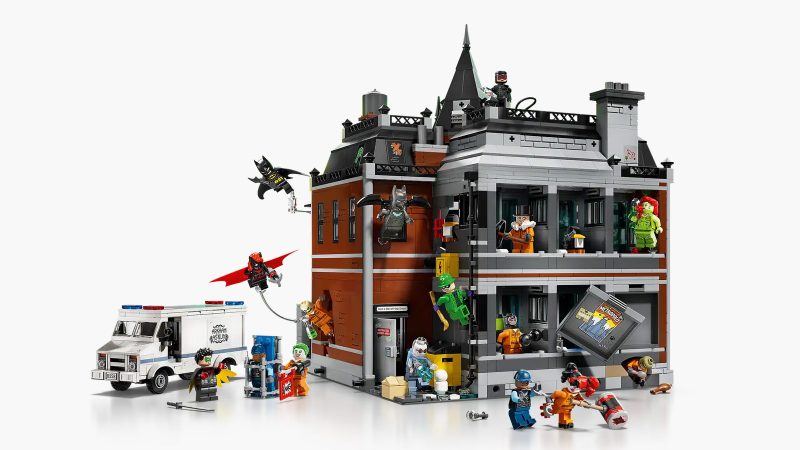 LEGO Arkham Asylum™ set displayed with gothic-inspired architecture, brick-built minifigure cells, iconic DC villains, and detailed interiors—ideal for Batman fans and LEGO collectors.