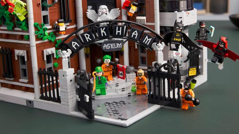 LEGO Arkham Asylum™ set displayed with gothic-inspired architecture, brick-built minifigure cells, iconic DC villains, and detailed interiors—ideal for Batman fans and LEGO collectors.