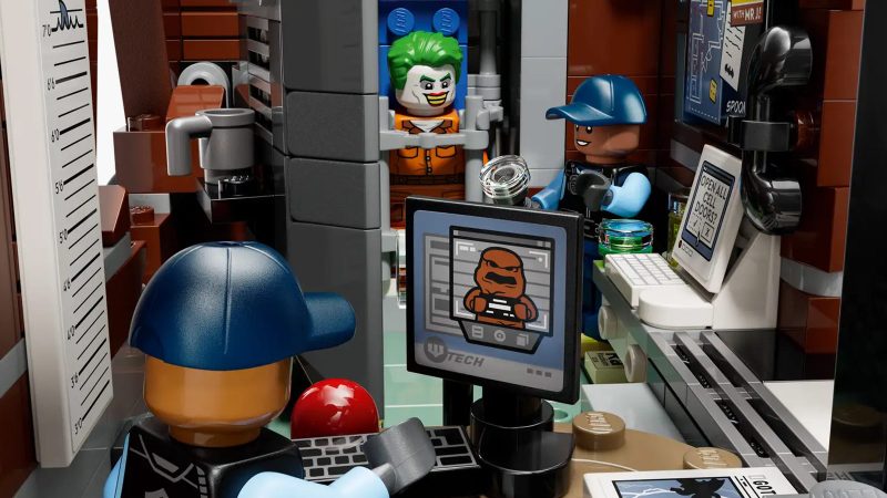 LEGO Arkham Asylum™ set displayed with gothic-inspired architecture, brick-built minifigure cells, iconic DC villains, and detailed interiors—ideal for Batman fans and LEGO collectors.